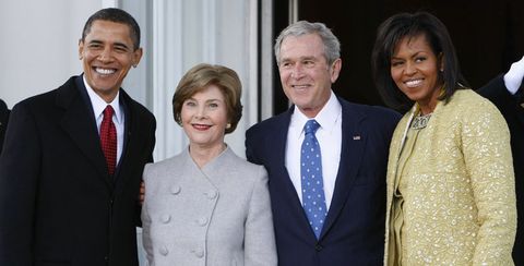 Tuesday: President-elect Barack Obama and his wife, Michelle, flank President and Mrs. Bush at the White House (AP Photo).