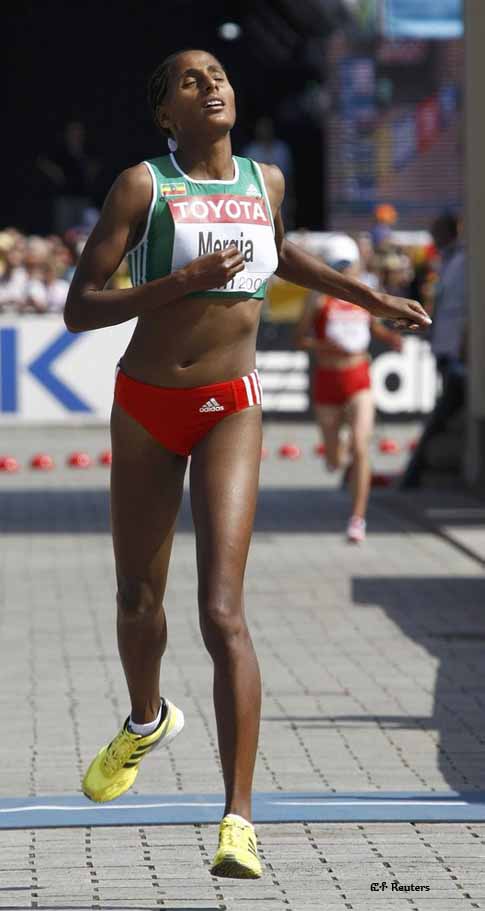 Aselefech Mergia of Ethopia crosses the finish in third place in the women's marathon at the 12th world athletics championships in central Berlin August 23, 2009. Aselefech Mergia of Ethopia crosses the finish in third place in the women's marathon at the 12th world athletics championships in central Berlin August 23, 2009.