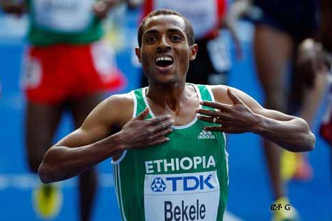 BERLIN: Kenenisa Bekele of Ethiopia celebrates winning the gold medal in the men's 5000 Metres Final during day nine of the 12th IAAF World Athletics Championships at the Olympic Stadium on August 23, 2009 in Berlin, Germany. BERLIN: Kenenisa Bekele of Ethiopia celebrates winning the gold medal in the men's 5000 Metres Final during day nine of the 12th IAAF World Athletics Championships at the Olympic Stadium on August 23, 2009 in Berlin, Germany.